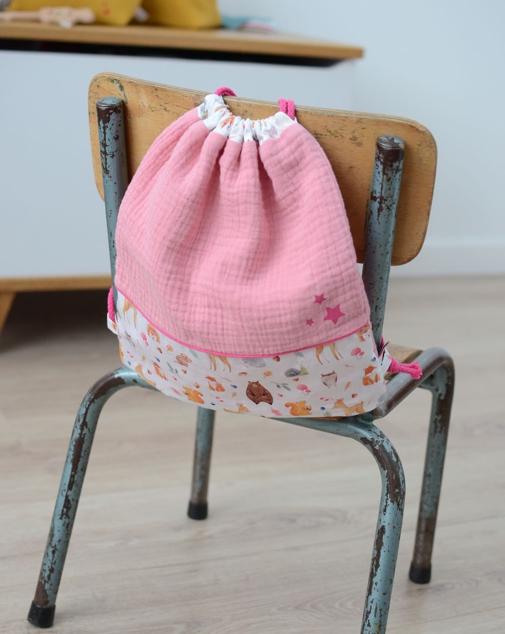 Petit sac à dos enfant coton bio rose | Animaux de la forêt